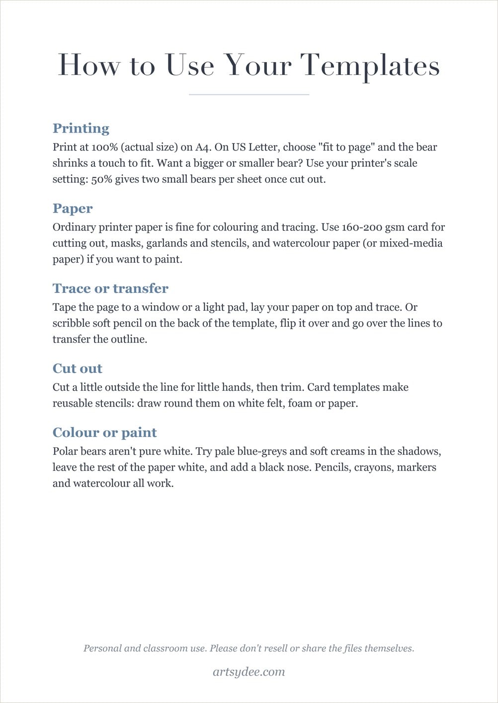 How to use the polar bear templates page: printing, paper, tracing, cutting out and colouring tips