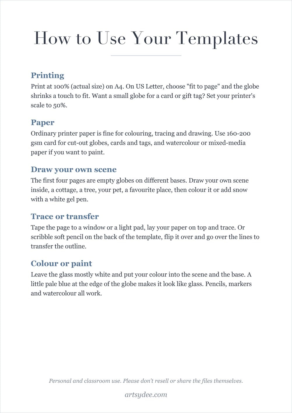 How to use the snow globe templates page: printing, paper, drawing your own scene, tracing and coloring tips