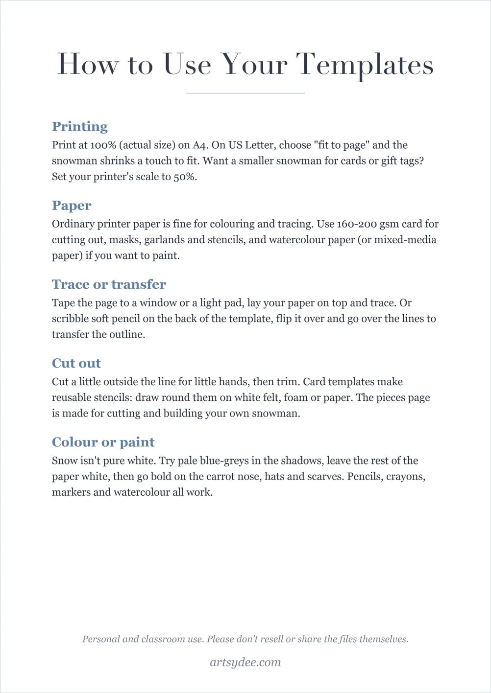 How to use the snowman templates page: printing, paper, tracing, cutting out and coloring tips
