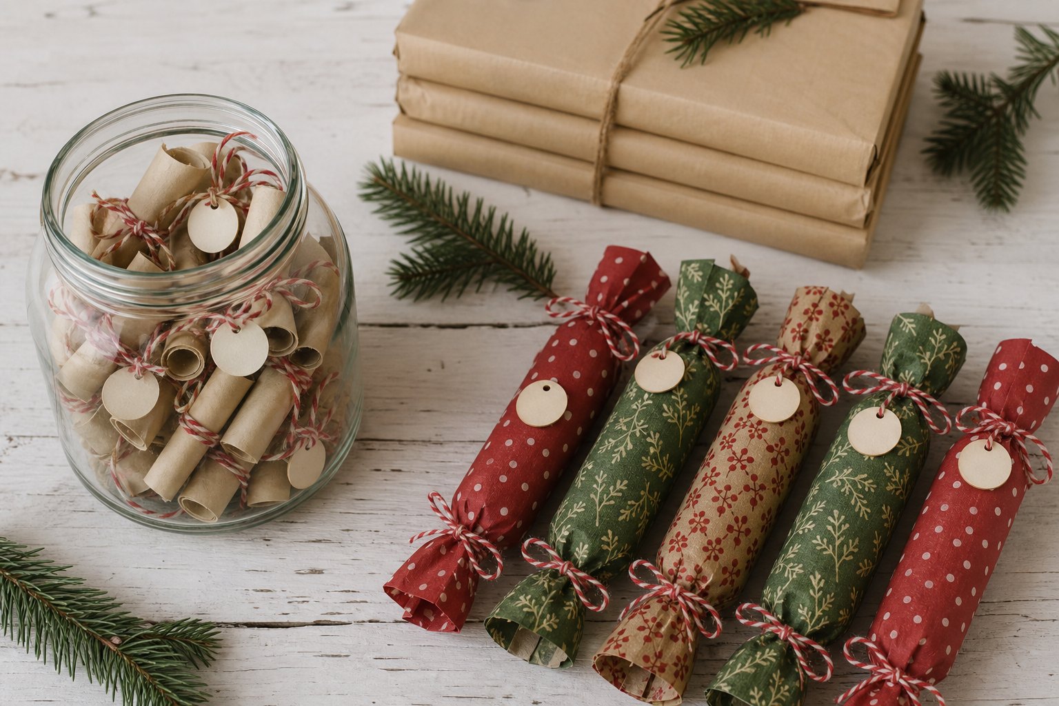 A glass jar of rolled paper scrolls tied with red twine next to cardboard tubes wrapped in patterned paper like Christmas crackers