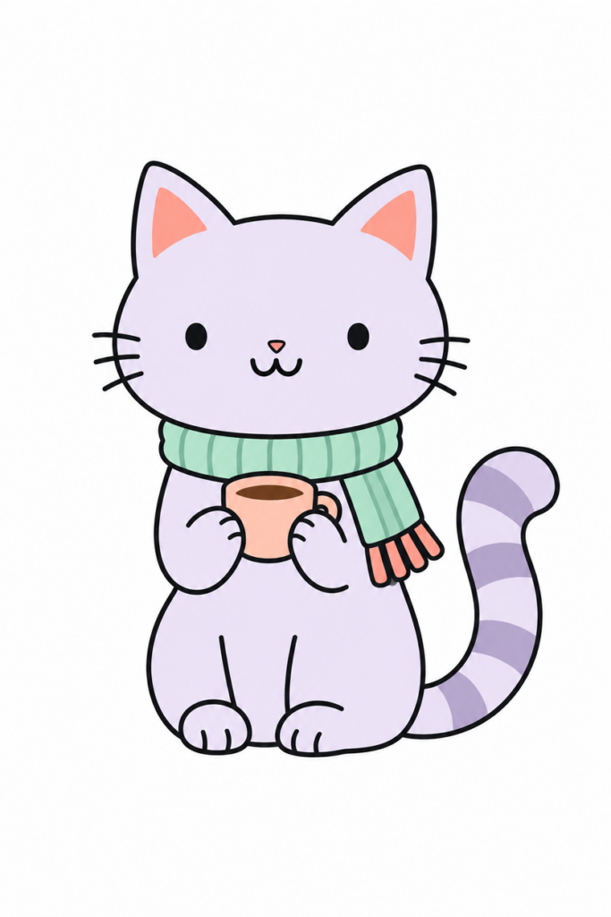 Kawaii cat drawing in pastel colors with a scarf and a cup