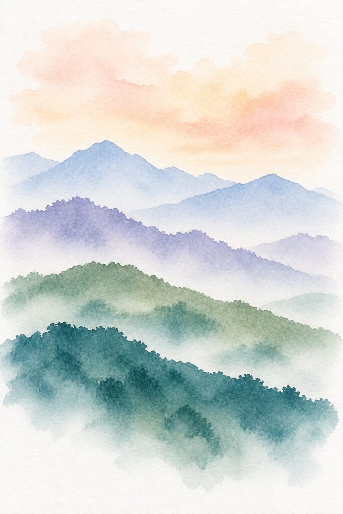 Easy watercolor example of a layered mountain landscape where each wash builds depth from pale sky to dark green hills