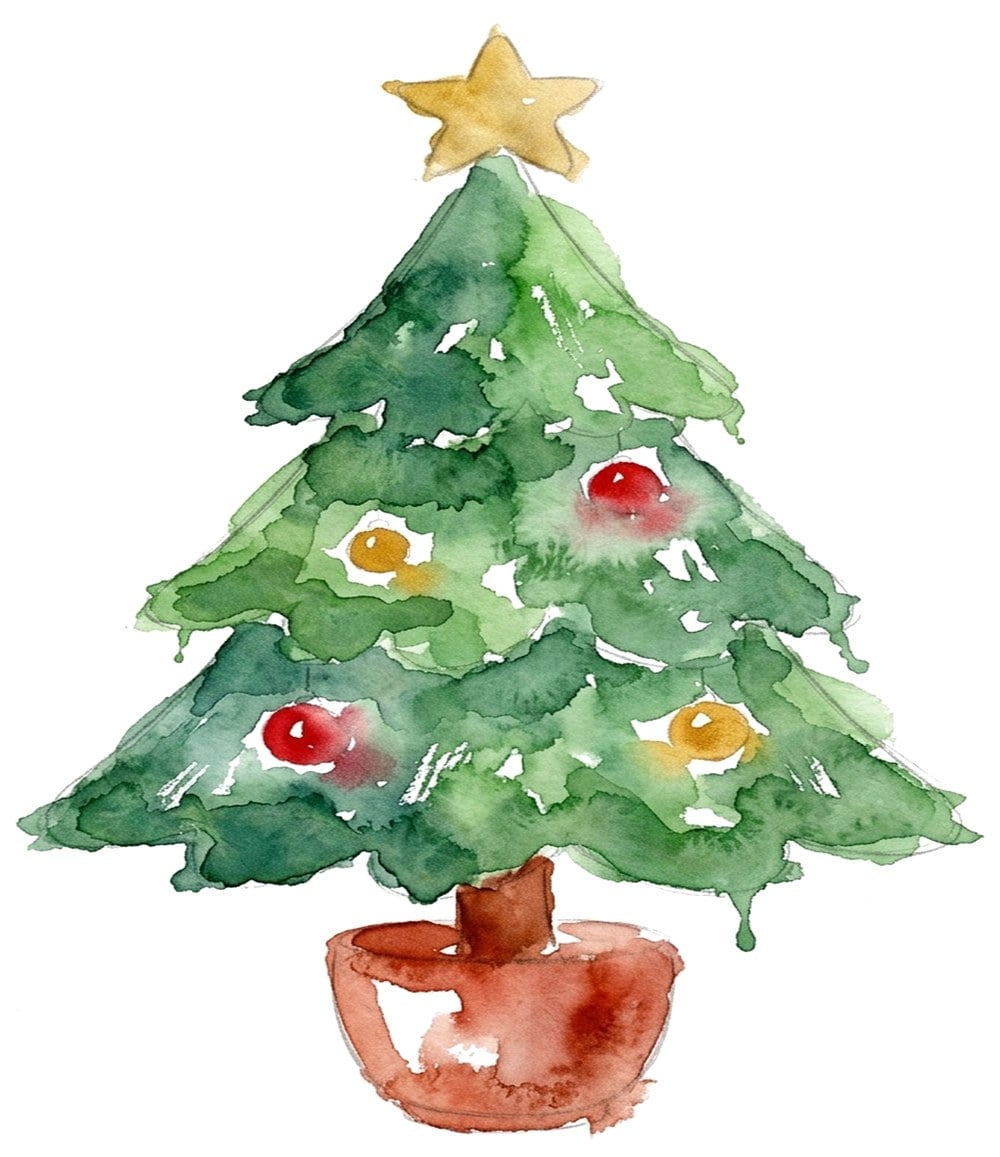 Close-up of a loose watercolor Christmas tree with layered greens, red and gold baubles, a gold star and a terracotta pot