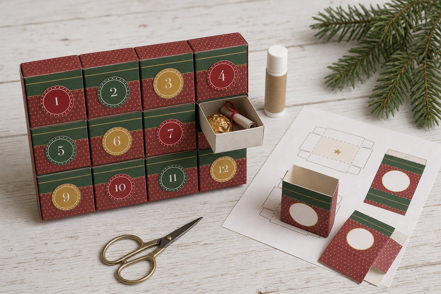 A DIY advent calendar made of small paper matchbox drawers in red and green, glued into a chest, each with a round number seal
