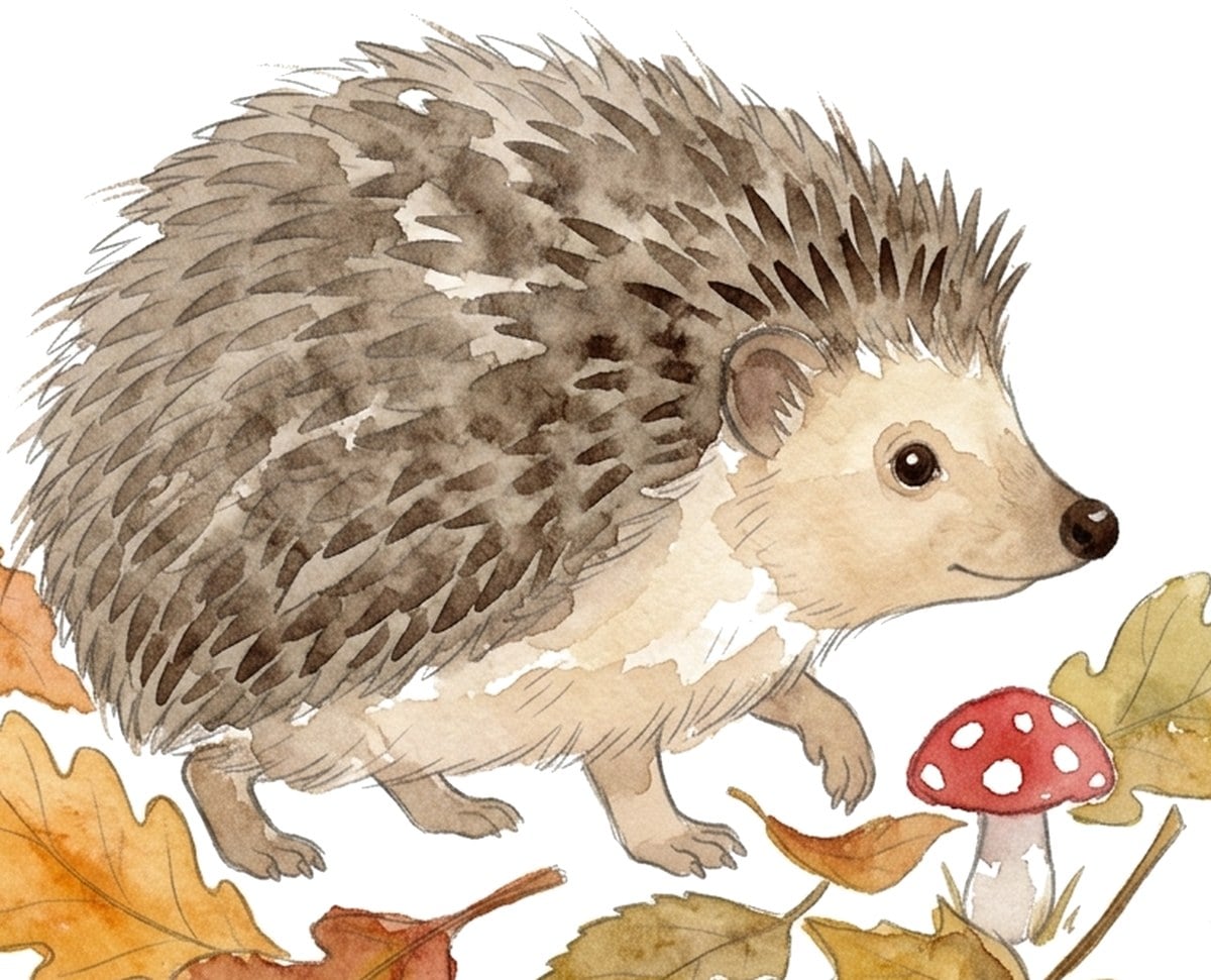 Close-up of a loose watercolor hedgehog: warm grey-brown spines, a pale sandy face and a red toadstool