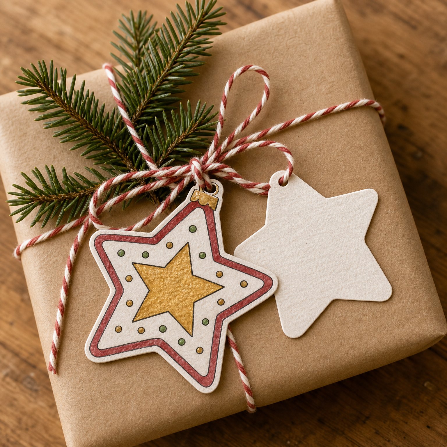 A painted paper star ornament tied onto a kraft-paper wrapped present with baker's twine and a fir sprig, used as a gift tag