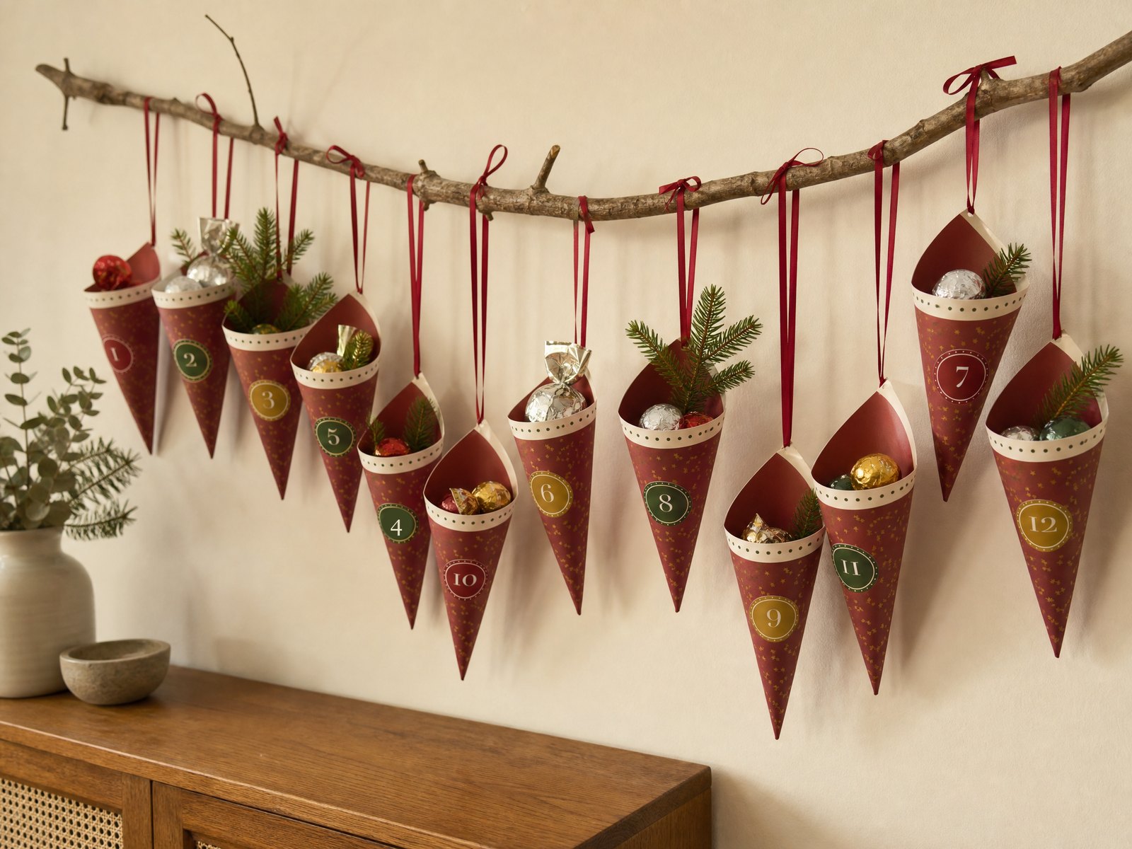 Red paper cones with gold stars and round number seals hanging on ribbons from a twiggy branch as a DIY advent calendar