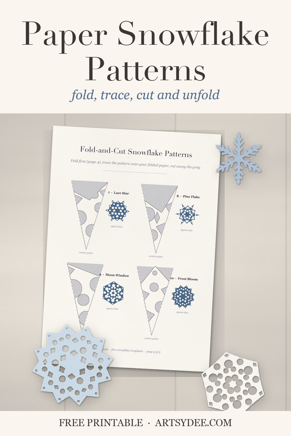 Pin: paper snowflake patterns, the printed fold-and-cut sheet with blue and white paper snowflakes