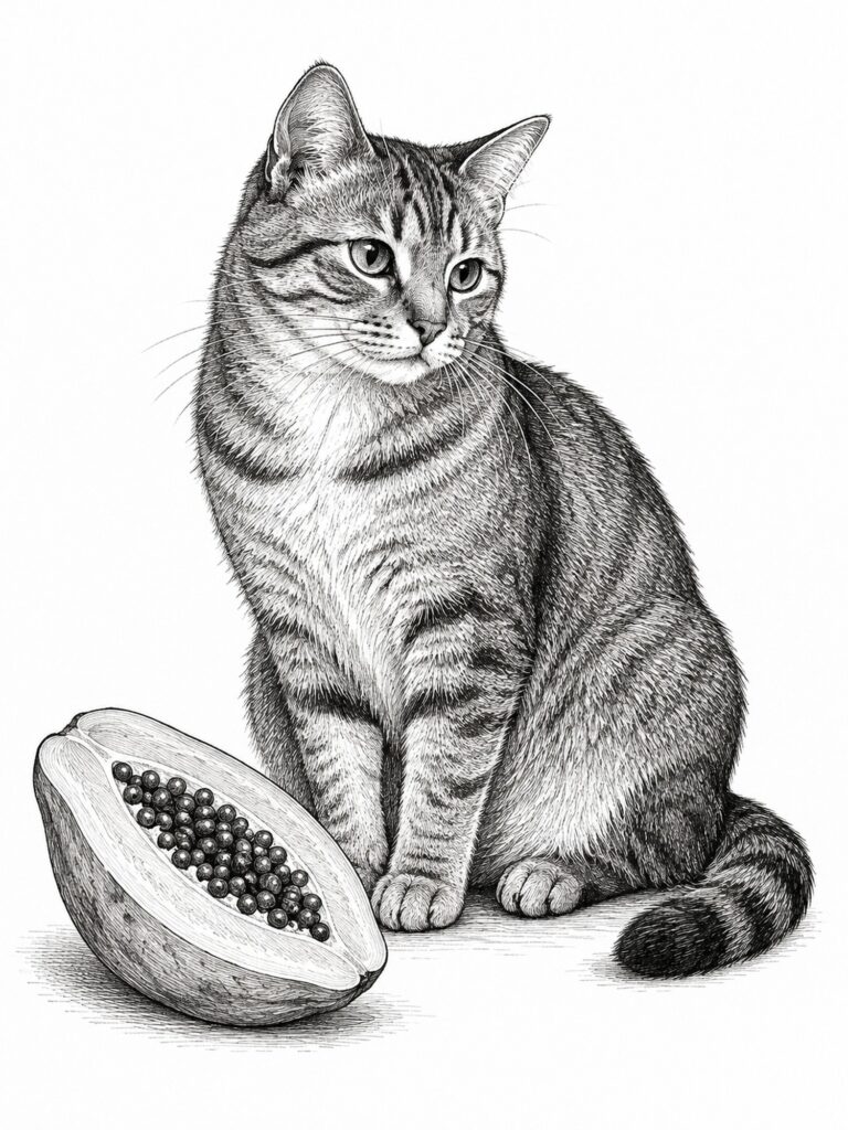 Pen and ink drawing of a tabby cat sitting beside a halved pawpaw