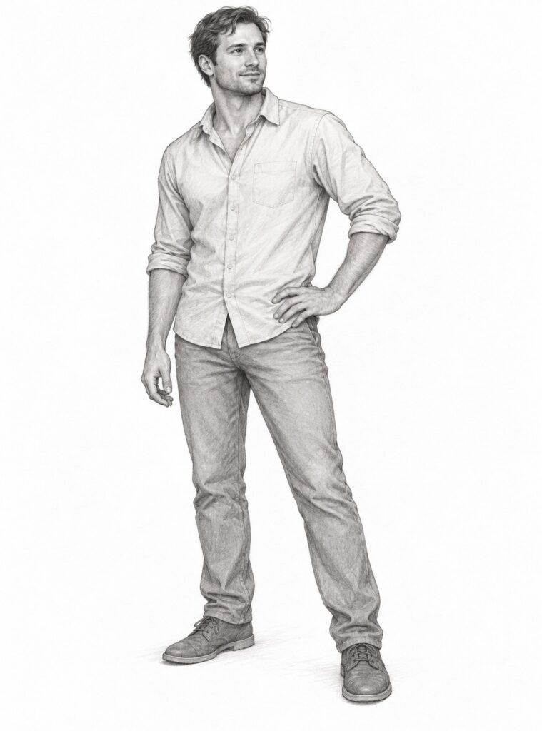 Pencil figure drawing of a man standing with one hand on his hip
