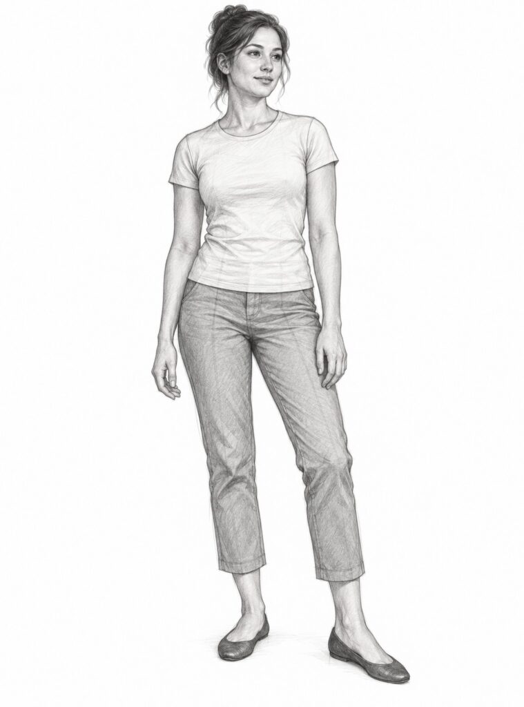 Pencil figure drawing of a woman standing in a relaxed pose