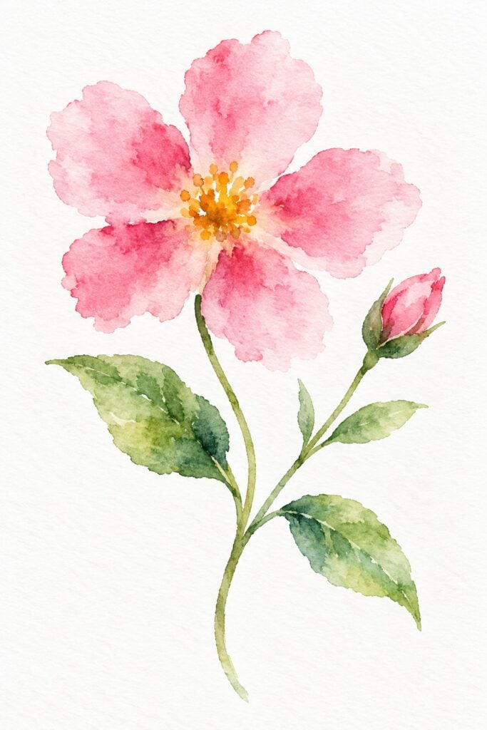 Easy watercolor example of a single pink flower with green leaves and a small bud