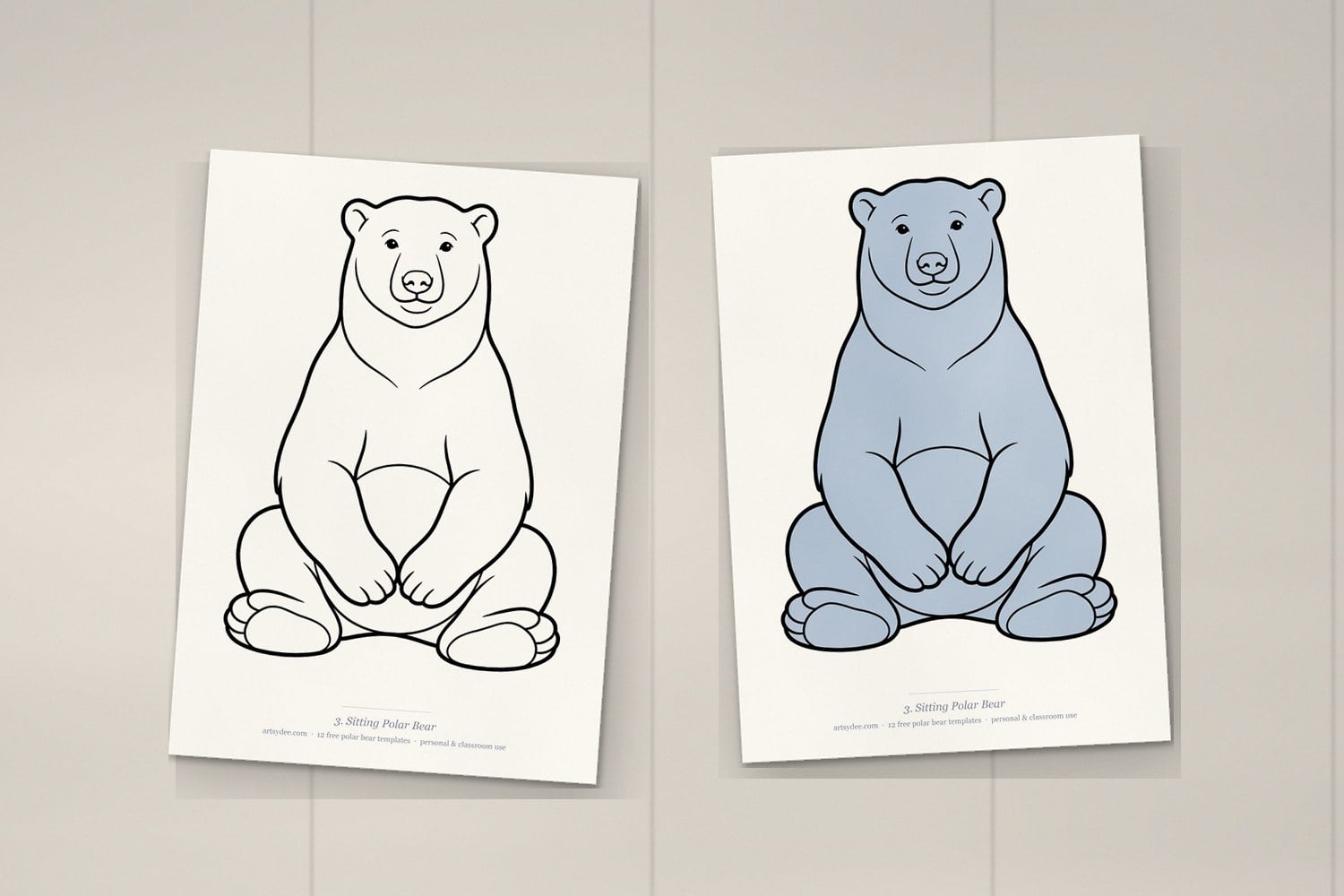 The sitting polar bear template printed twice, once as a plain outline and once coloured in soft blue-grey
