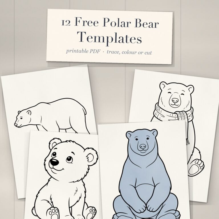 Printed polar bear templates fanned out on a white-washed desk under a cream title card reading 12 Free Polar Bear Templates, one sitting bear coloured in pale blue-grey