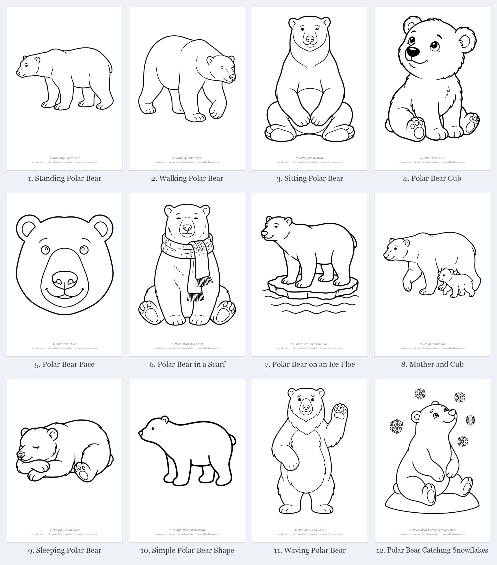 All 12 free polar bear templates at a glance: standing, walking, sitting, cub, face, scarf, ice floe, mother and cub, sleeping, simple shape, waving and catching snowflakes