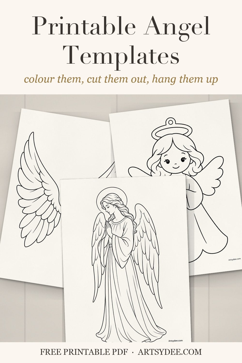 Pin: printable angel templates to color or cut out, showing the feathered angel wings, the angel ornament and the praying angel pages
