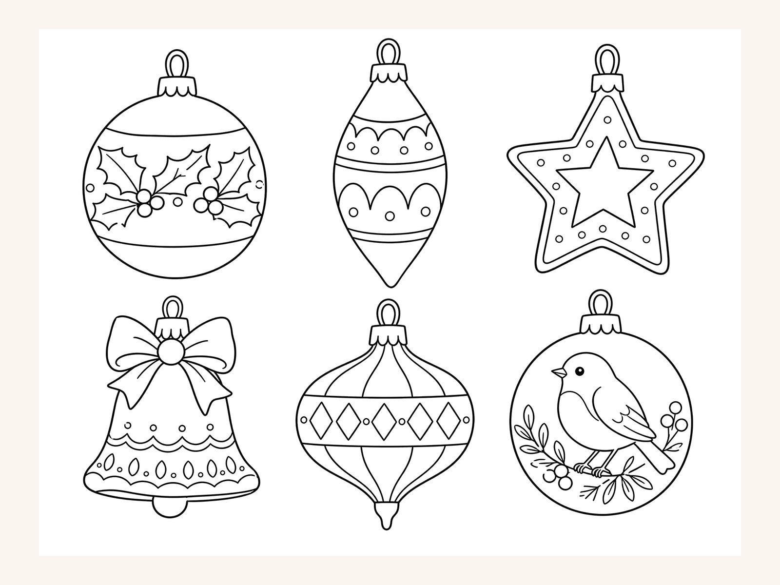 Six printable Christmas ornaments in black line art to color or paint: holly bauble, teardrop drop, star, bell with a bow, vintage diamond bauble and robin bauble