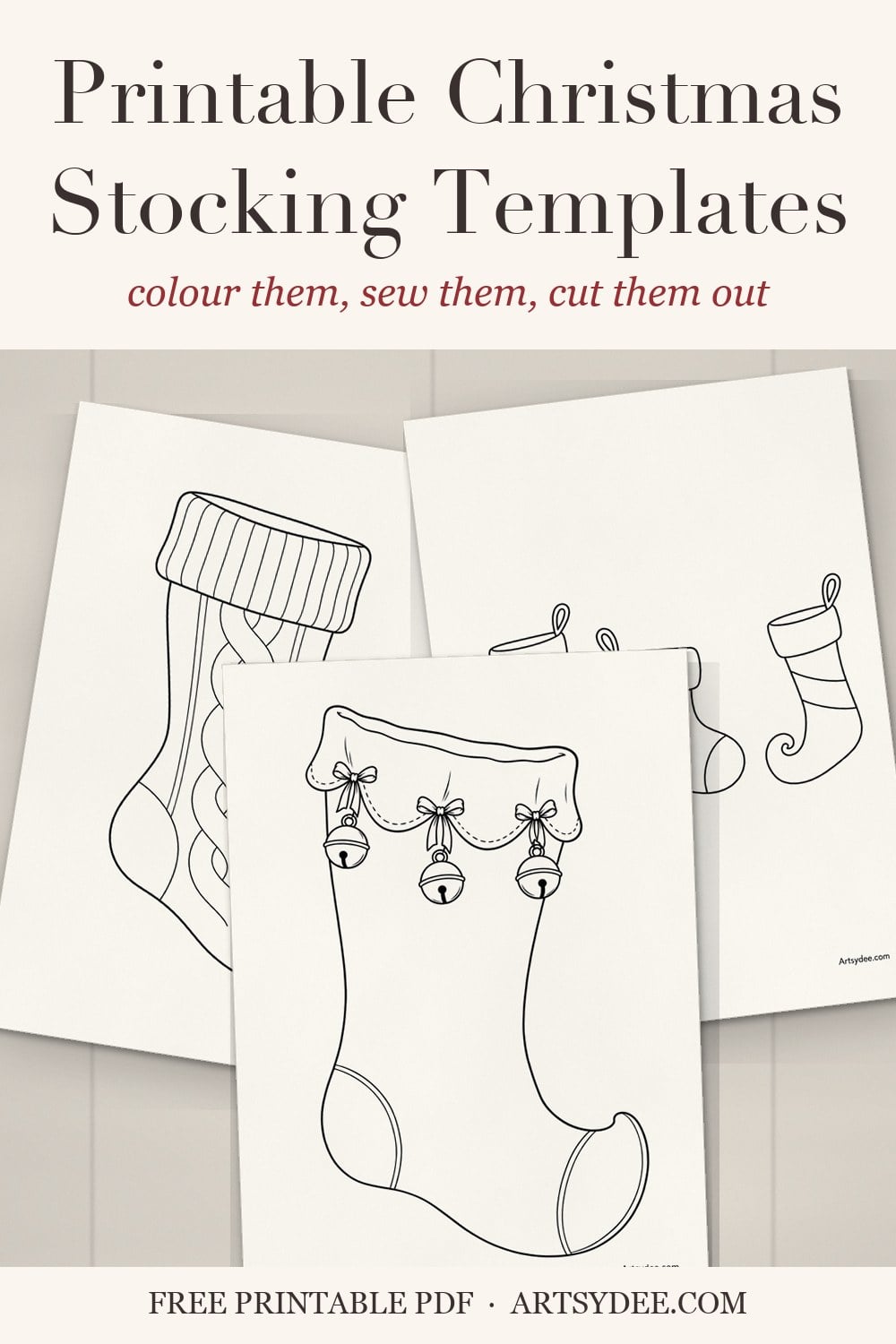Pin: printable Christmas stocking templates to colour, sew or cut out, showing the cable-knit, mini and Victorian bells stockings