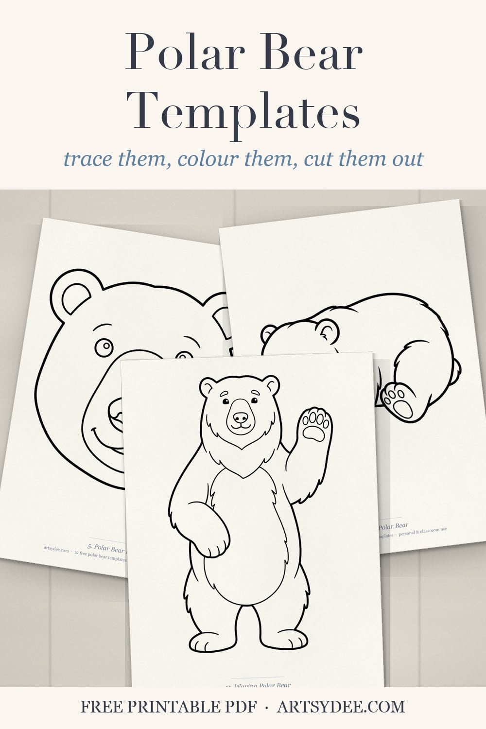 Pin: printable polar bear templates to trace, colour or cut out, showing the polar bear face, sleeping polar bear and waving polar bear pages