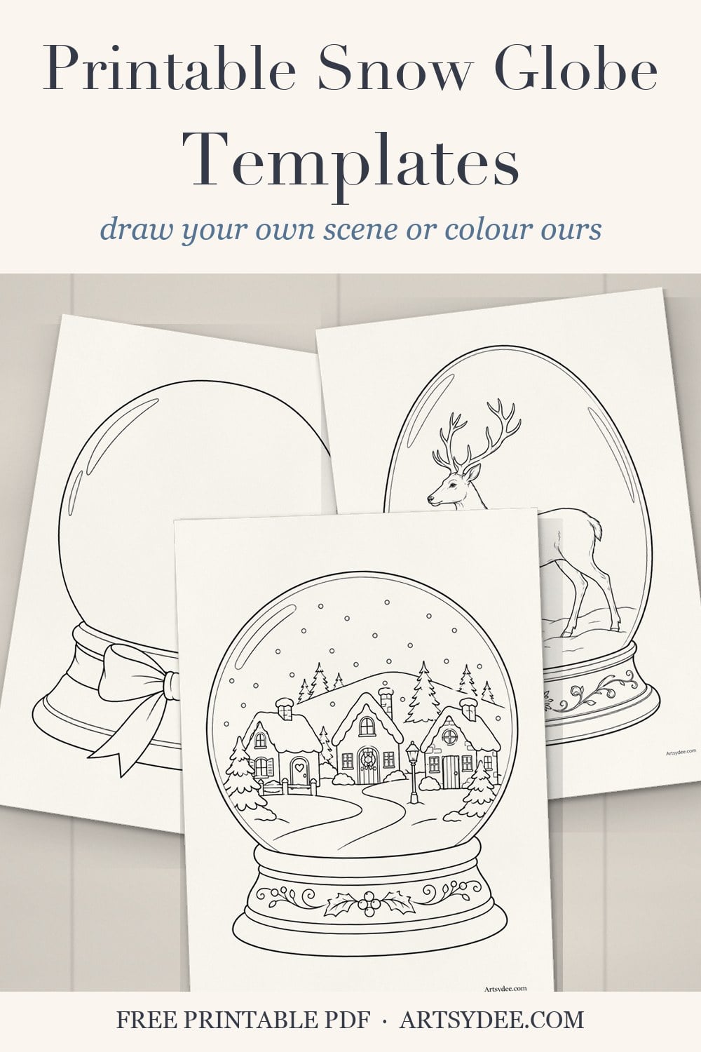 Pin: printable snow globe templates to draw your own scene in or colour, showing the ribbon bow base globe, reindeer and snowy village
