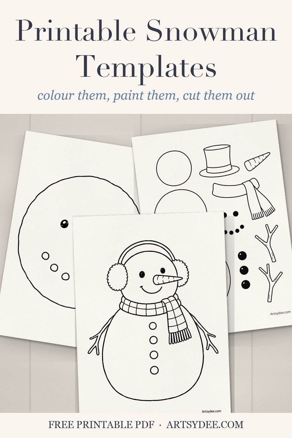 Pin: printable snowman templates to color, paint or cut out, showing the snowman face, build-a-snowman pieces and snowman in earmuffs pages