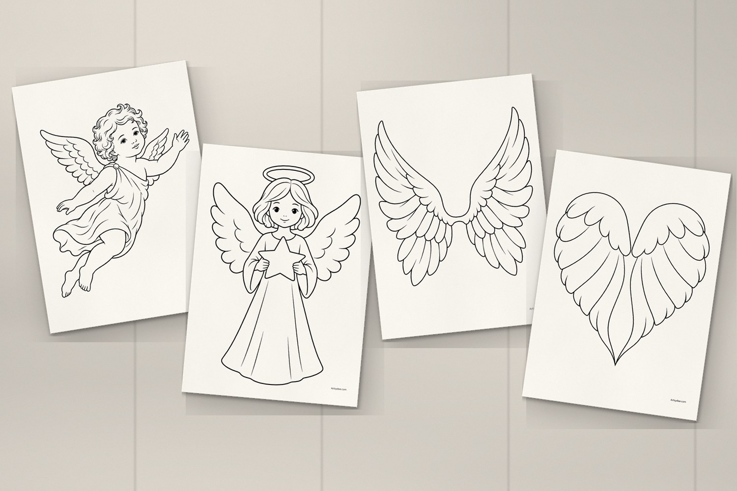 Illustrated mockup (not a photo) of four printed angel templates on a desk: the cherub, the angel holding a star, the feathered wings and the heart-shaped wings