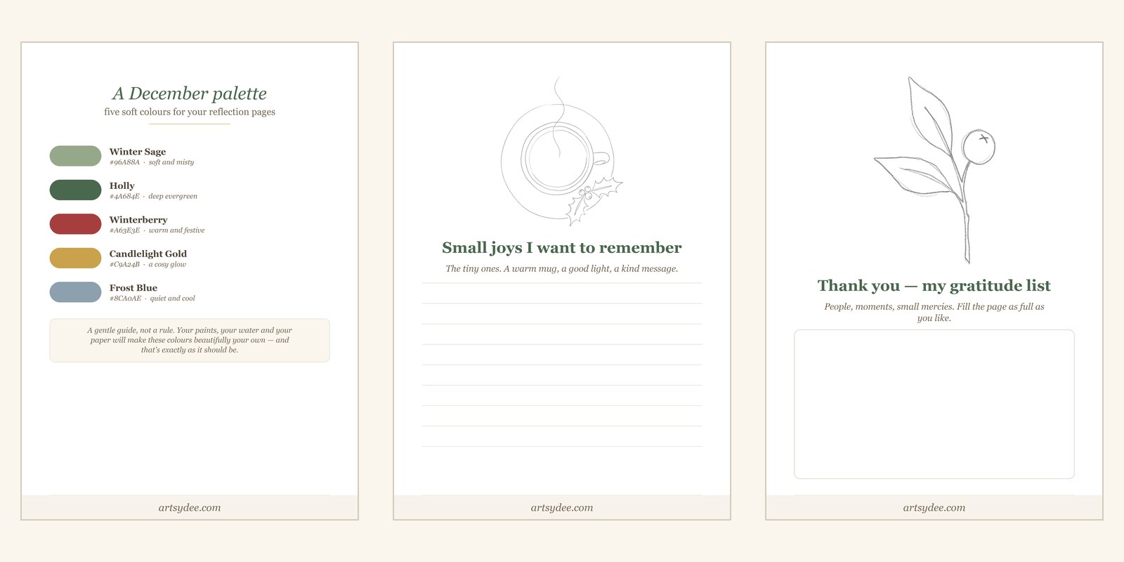 A December colour palette page, a small joys page and a gratitude page from the free printable reflection journal