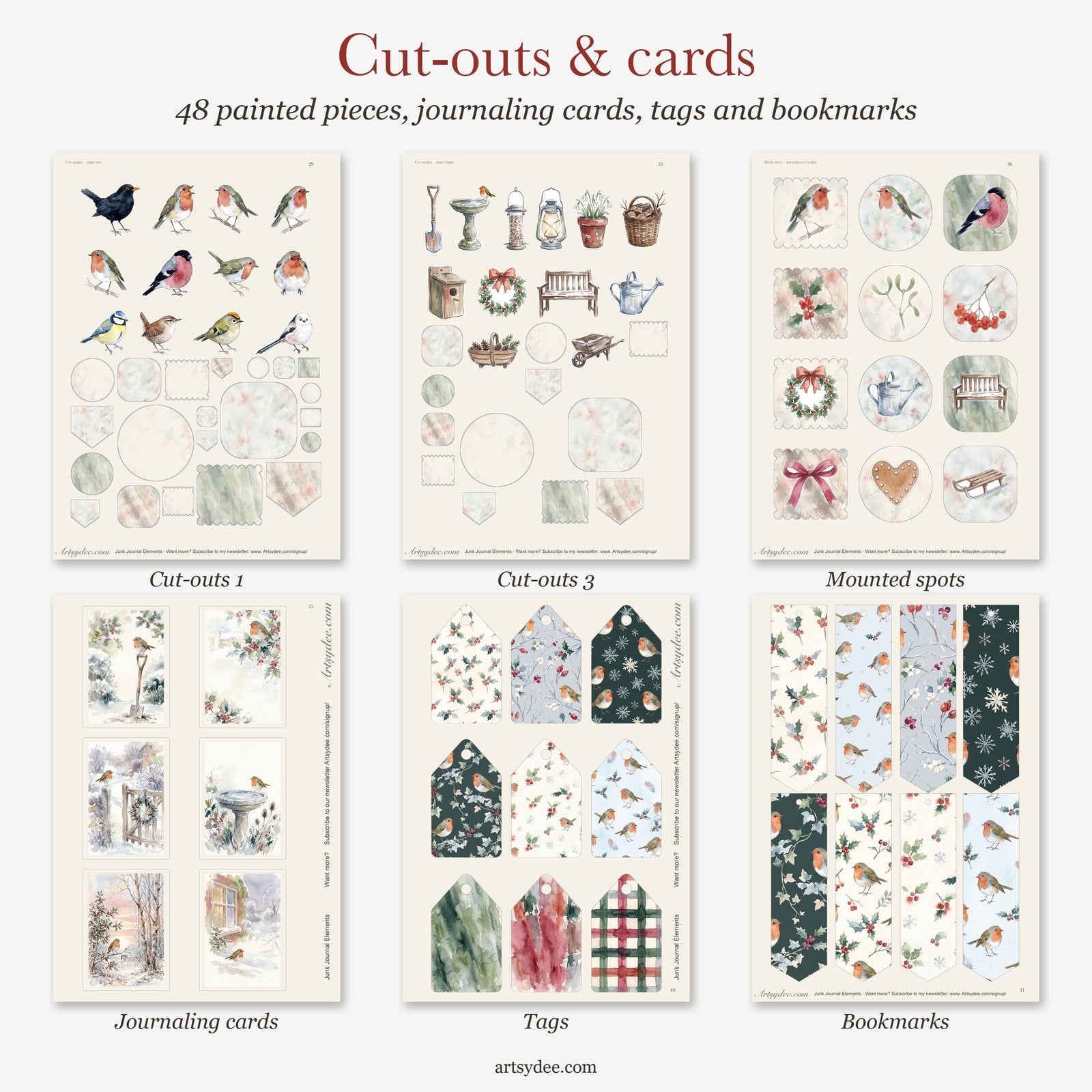 Robin Christmas junk journal cut-outs: garden birds, holly, wreaths and little winter pieces