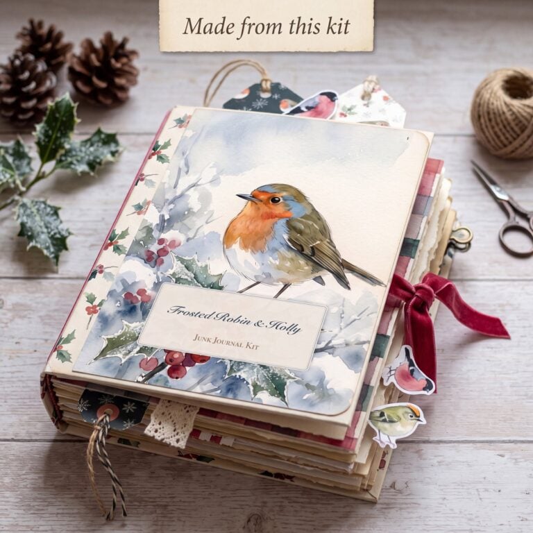 A finished robin Christmas junk journal with a robin cover, red velvet ribbon and pine cones
