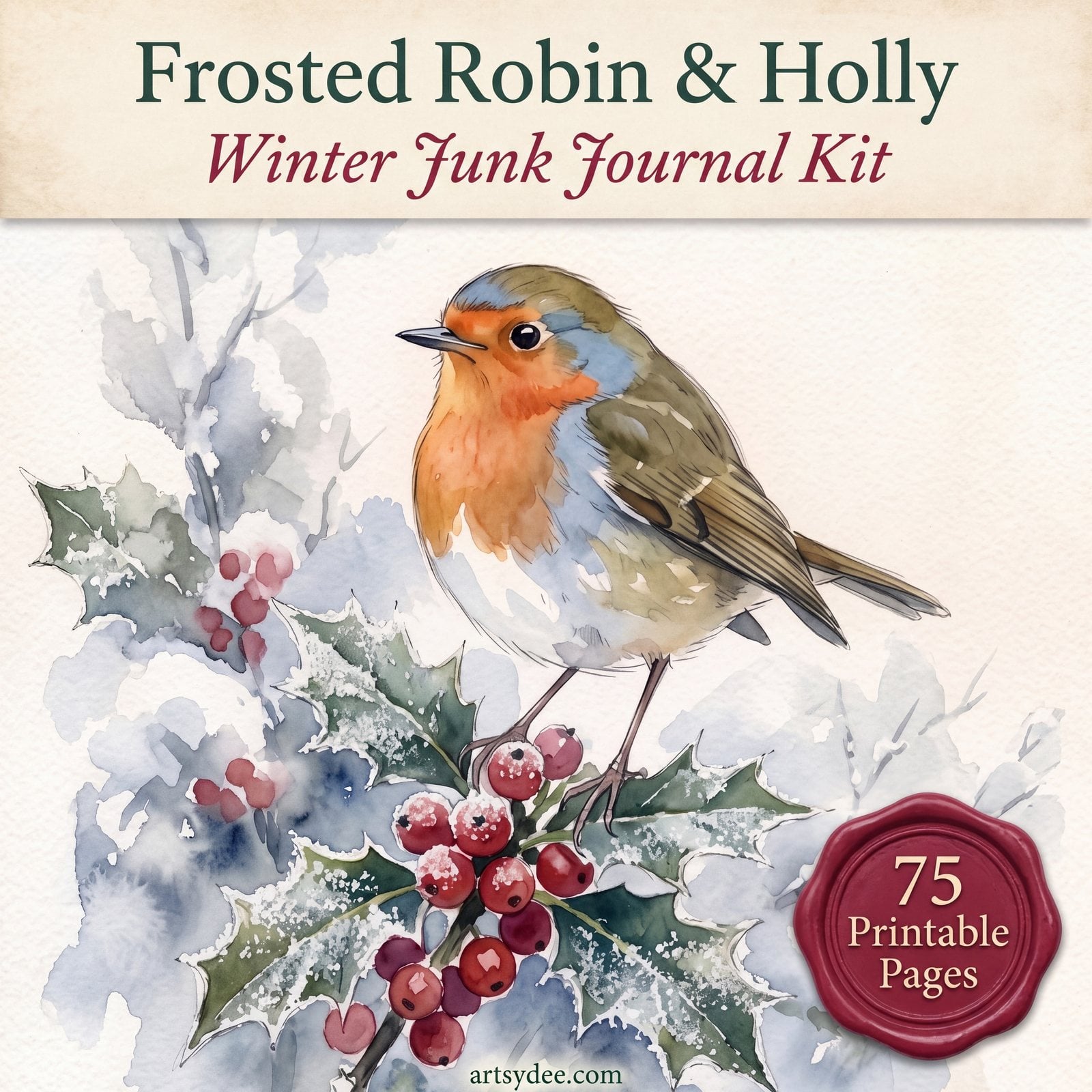 Frosted Robin and Holly winter junk journal kit cover: a watercolour robin on a frosted holly branch