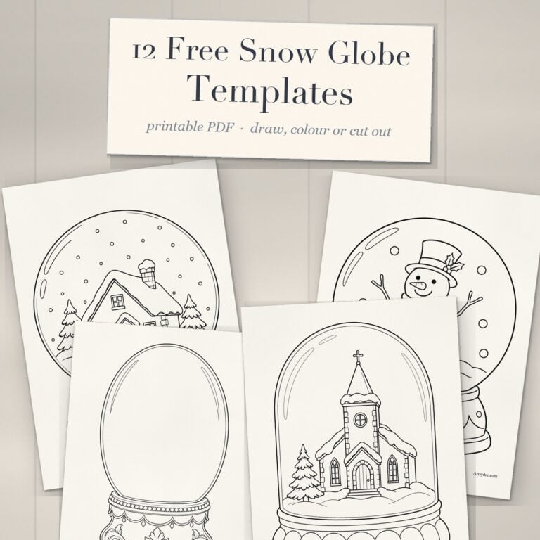 Printed snow globe templates fanned out on a white-washed desk under a cream title card reading 12 Free Snow Globe Templates