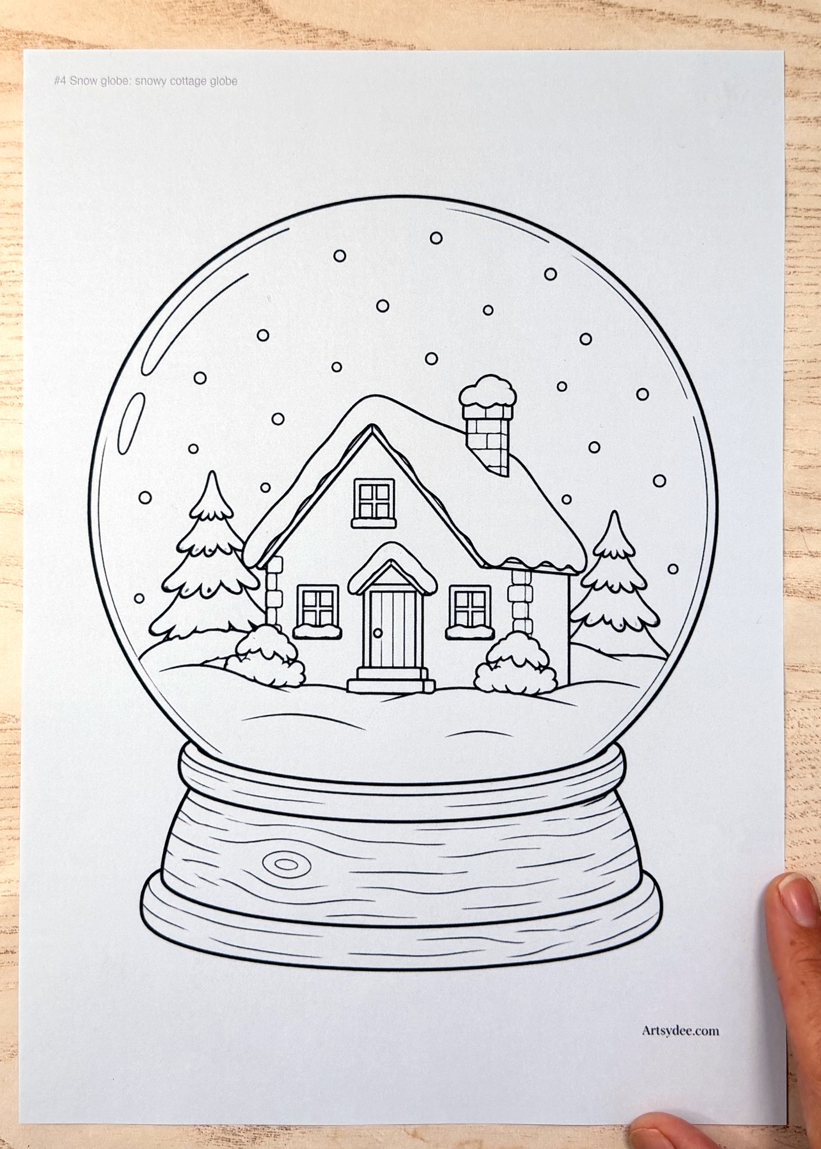 The free Snow Globe Templates printed on paper and photographed on Dee's desk at Artsydee