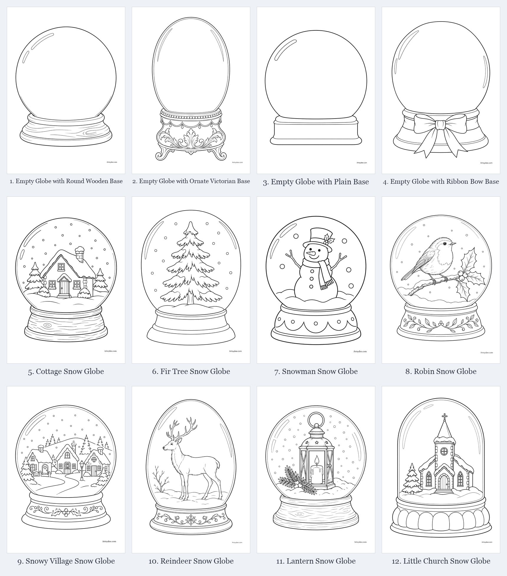 All 12 free snow globe templates at a glance: four empty globes on a round wooden, ornate Victorian, plain and ribbon bow base, and eight scene globes with a cottage, fir tree, snowman, robin, snowy village, reindeer, lantern and little church
