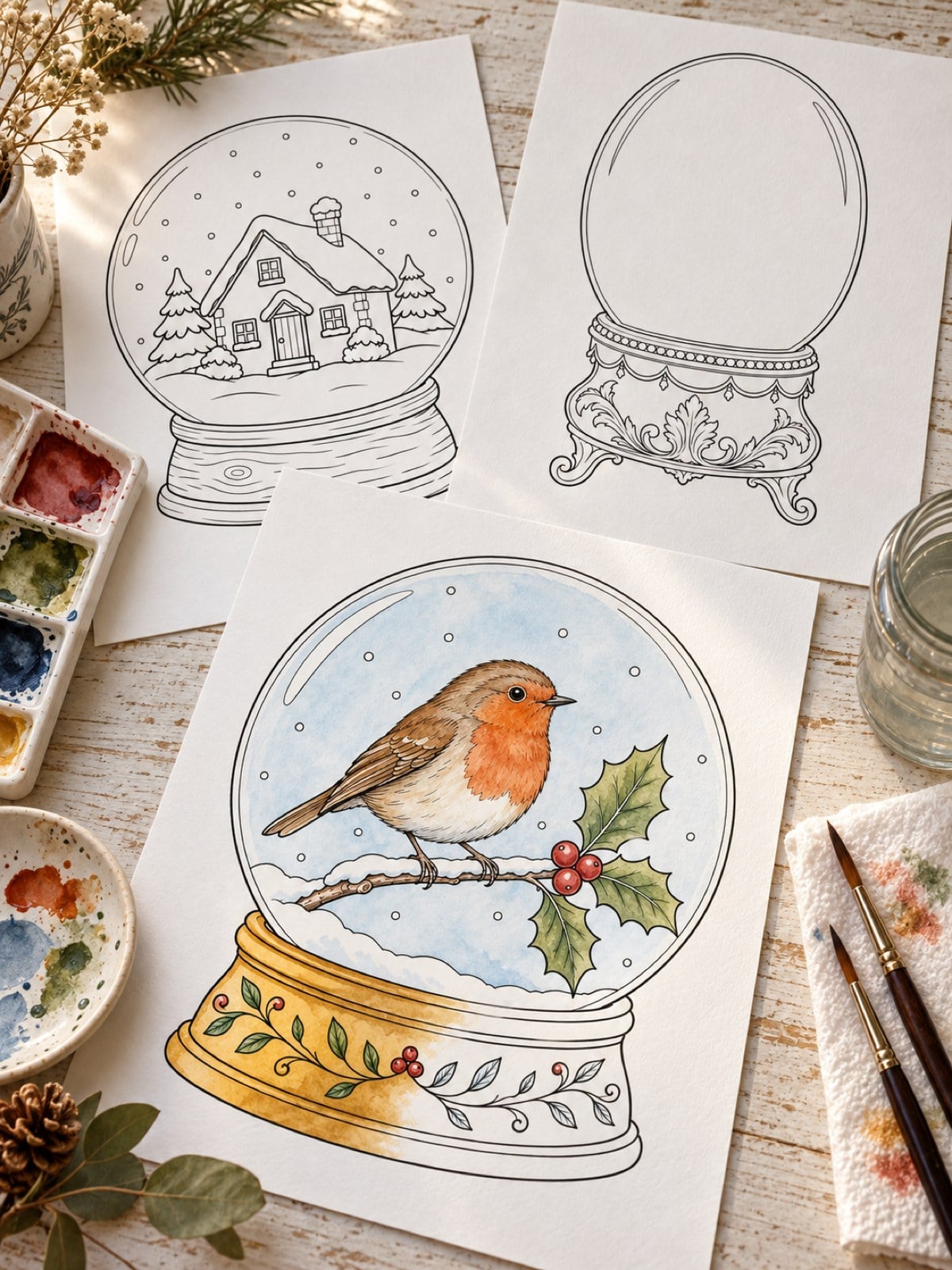 Illustrated mockup of printed snow globe templates on a desk, with one globe coloured in watercolour
