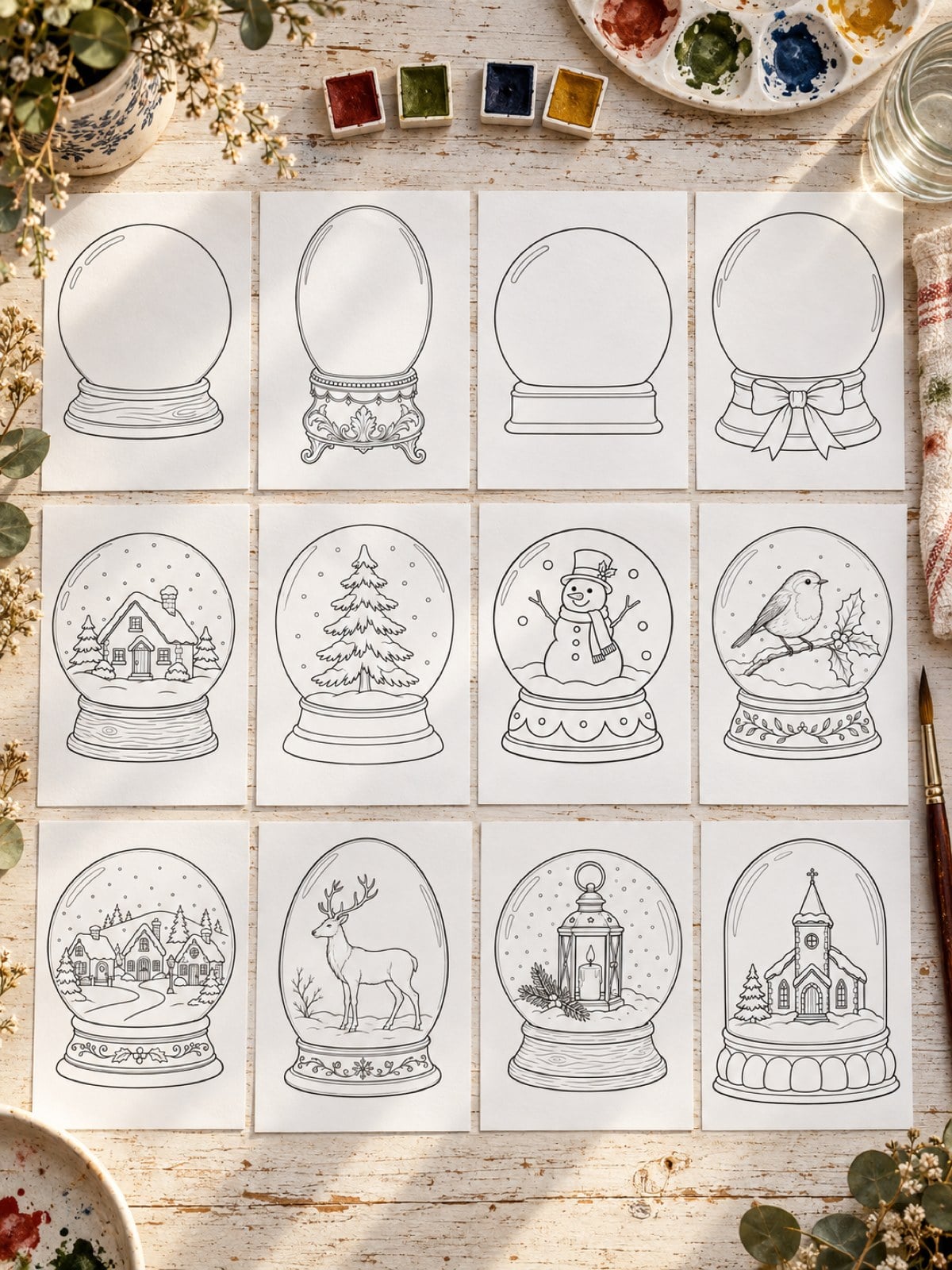 Illustrated mockup of all 12 snow globe templates printed and spread out on a wooden desk with a paintbrush and a watercolour palette