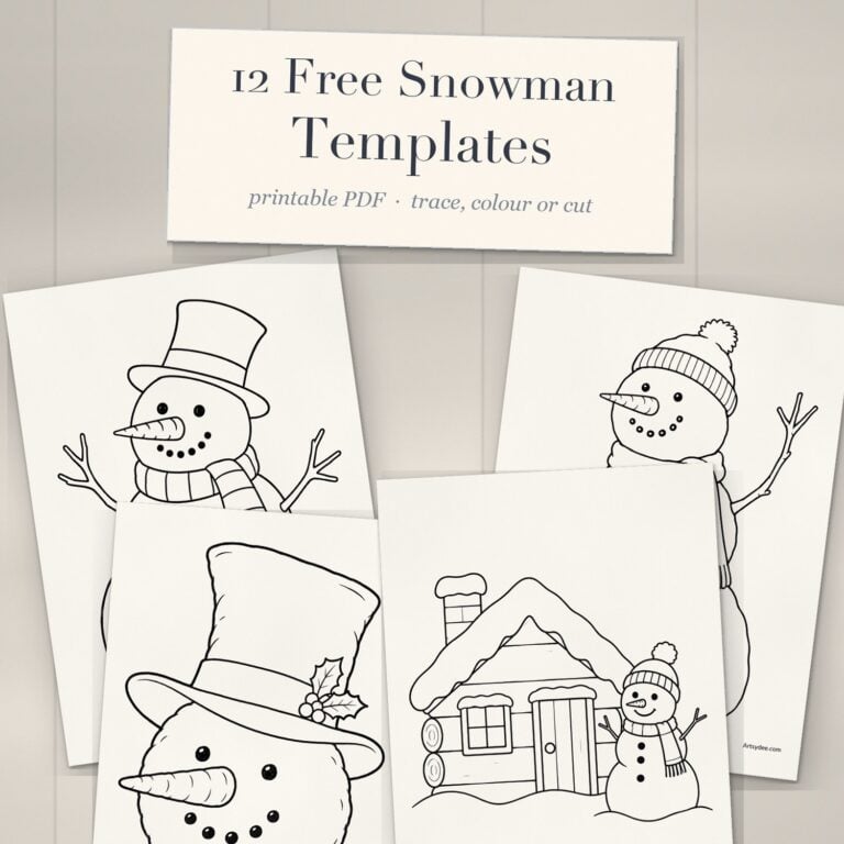 Printed snowman templates fanned out on a white-washed desk under a cream title card reading 12 Free Snowman Templates