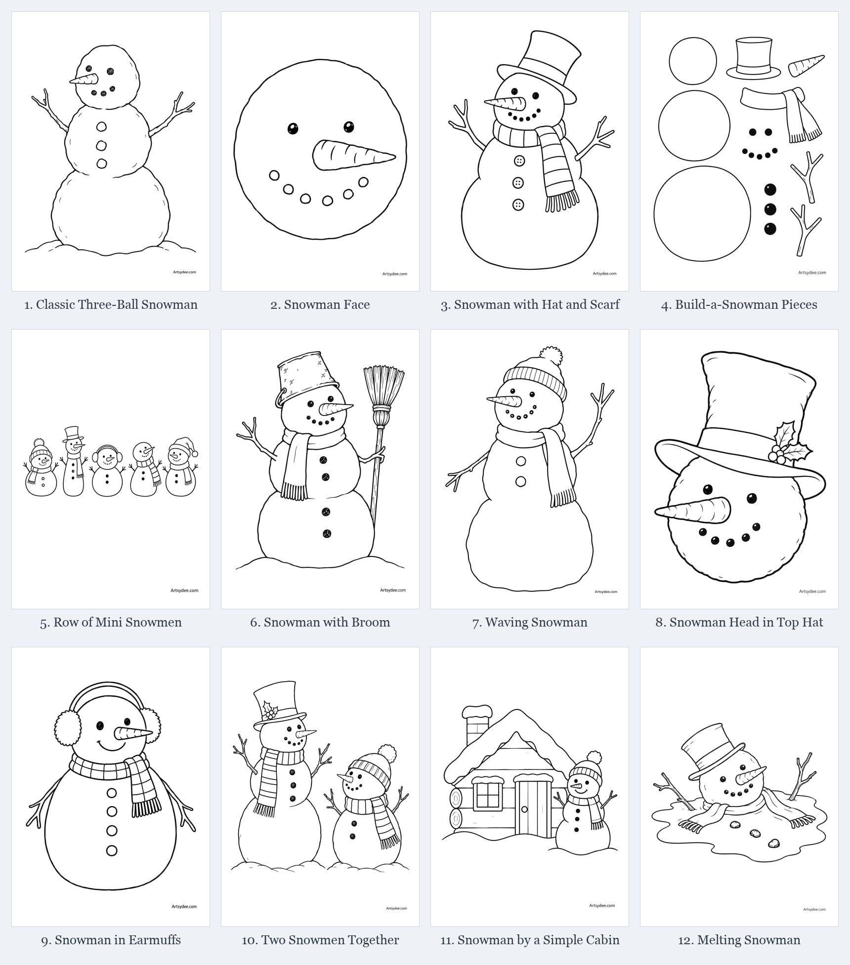 All 12 free snowman templates at a glance: classic three-ball snowman, face, hat and scarf, build-a-snowman pieces, row of mini snowmen, snowman with broom, waving, head in a top hat, earmuffs, two snowmen together, cabin and melting snowman