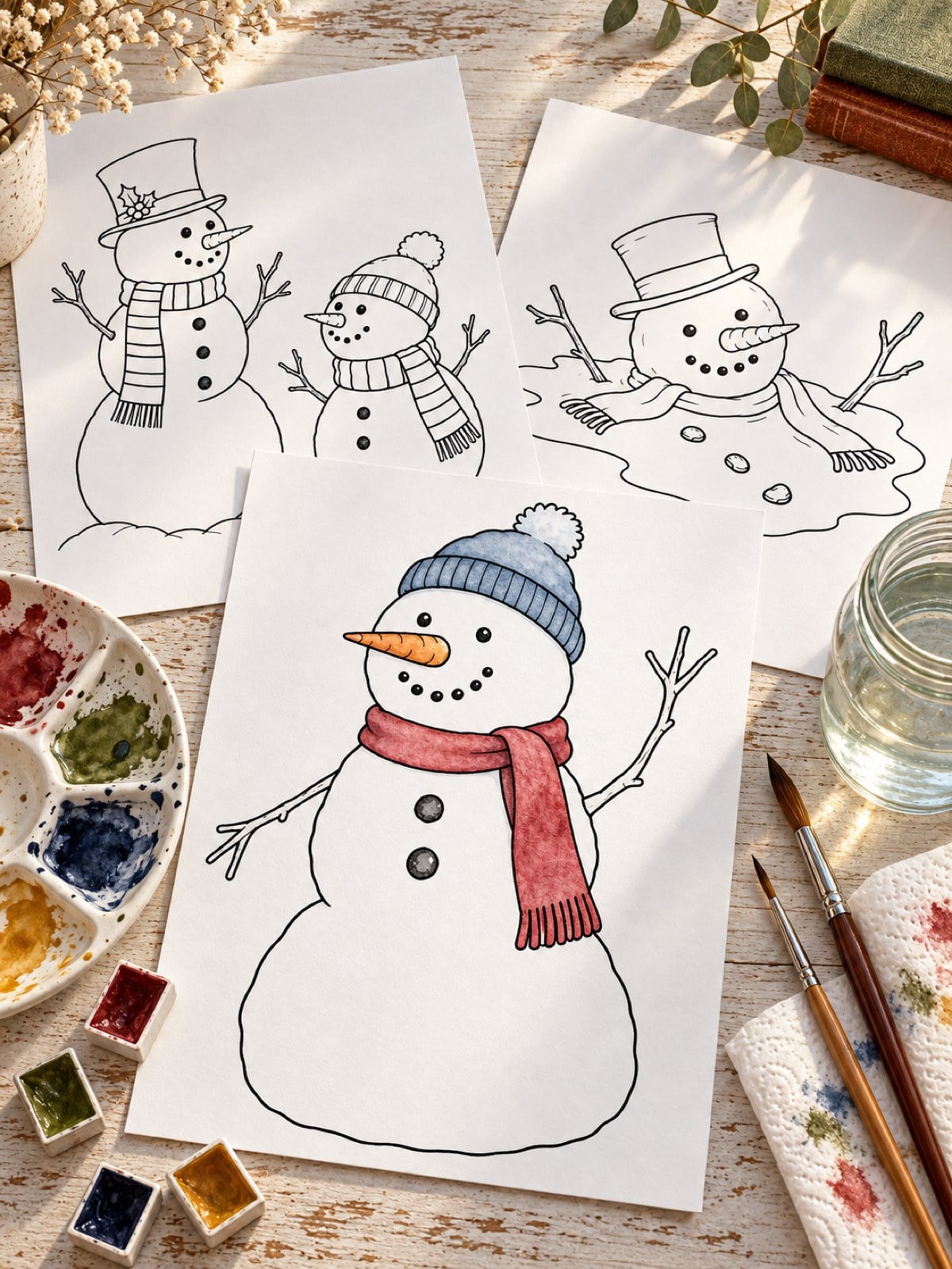 Illustrated mockup of printed snowman templates on a desk, with one snowman coloured in watercolour