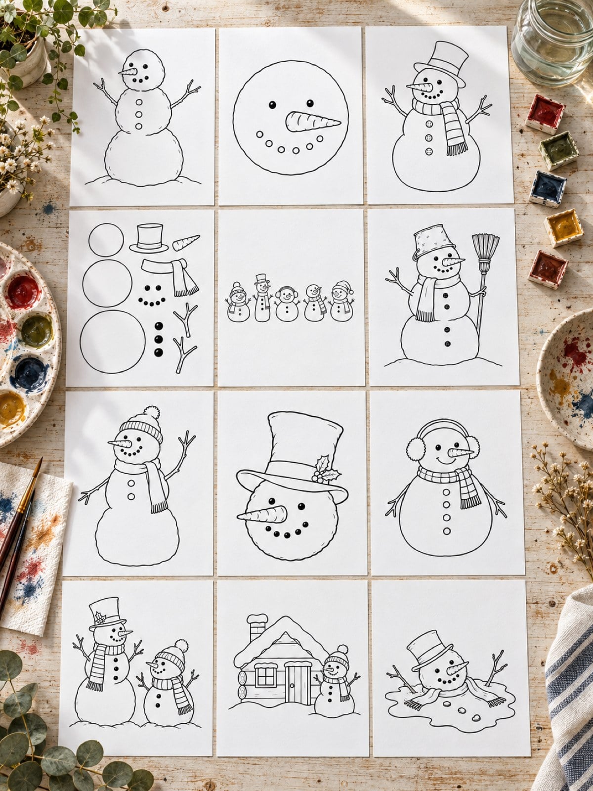 Illustrated mockup of all 12 snowman templates printed and spread out on a wooden desk with a paintbrush and a watercolour palette