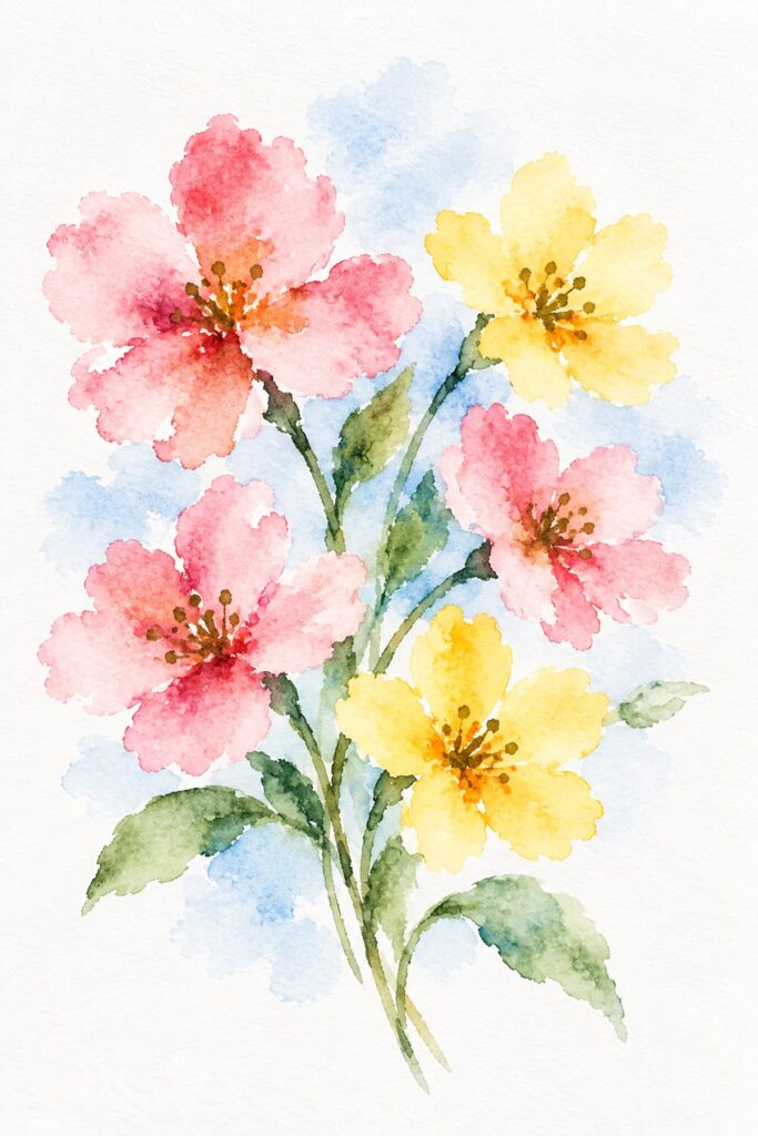 Easy watercolor example of soft pink and yellow spring flowers on a gentle blue wash