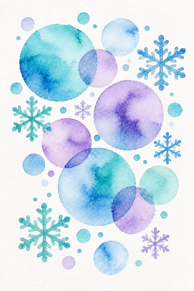 Easy watercolor example of stamped circles and snowflakes in turquoise, blue and lilac