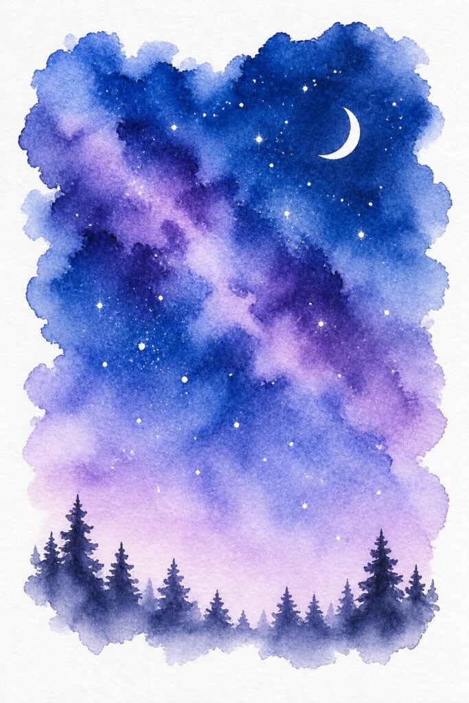Easy watercolor example of a wet-on-wet starry night sky in blues and purples with white stars, a crescent moon and pine silhouettes
