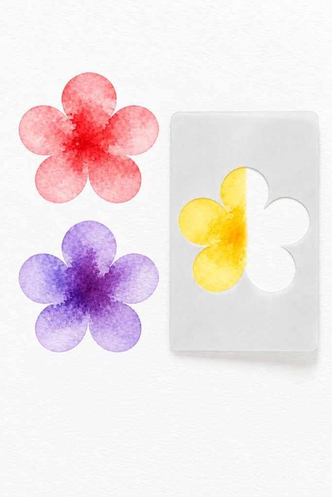 Easy watercolor example of red and purple stenciled flowers beside a flower stencil with a yellow flower half painted through it