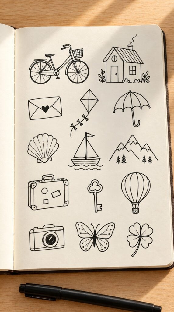 Sketchbook page of easy doodles: bicycle, house, kite, sailing boat, hot air balloon and butterfly