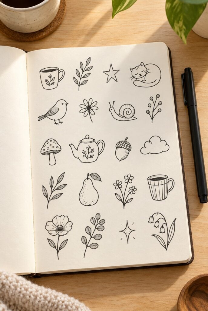 Sketchbook page of easy doodles: cups, leaves, stars, a sleeping cat, a bird and a snail