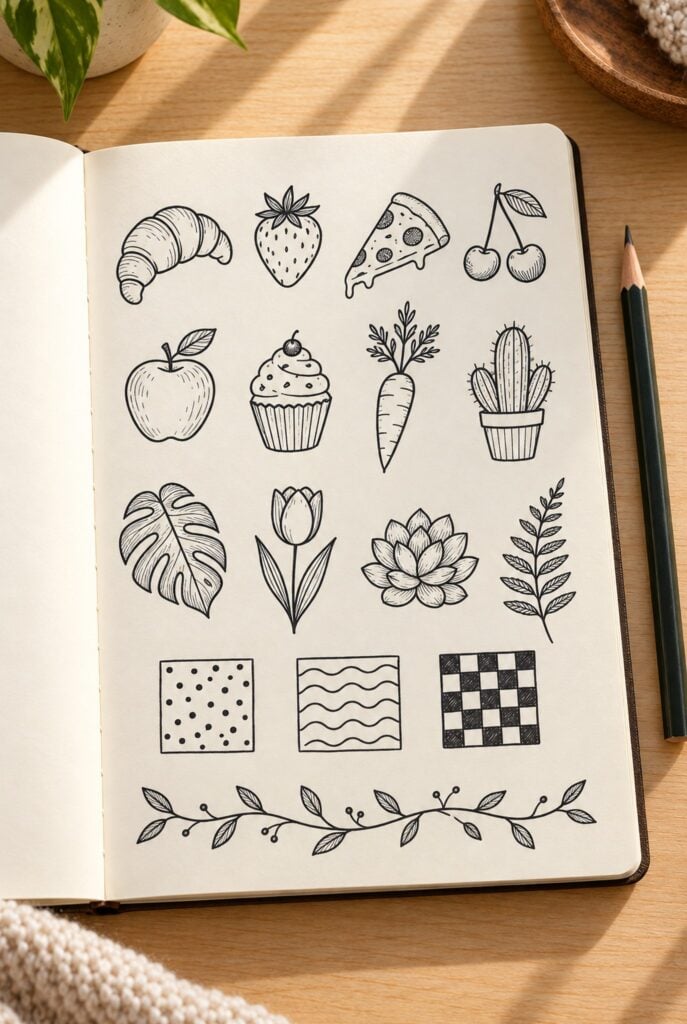 Sketchbook page of easy food, plant and pattern doodles