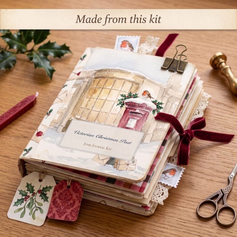 A finished Victorian Christmas junk journal tied with red ribbon, with gift tags and a wax seal