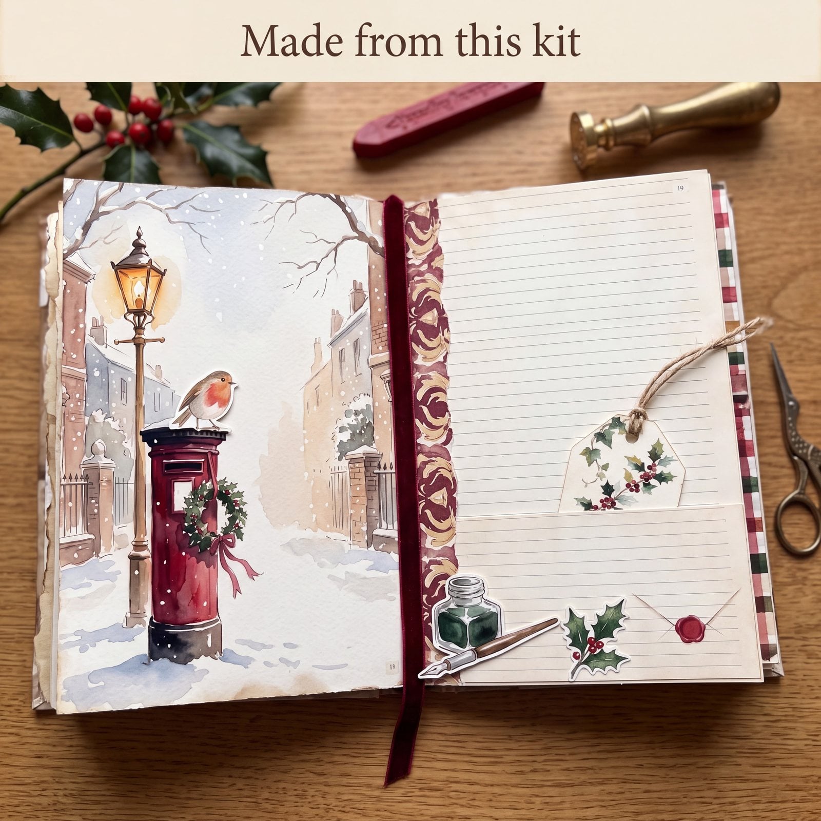 An open Victorian Christmas junk journal with a snowy lamp-post scene, a lined page and a tucked-in tag