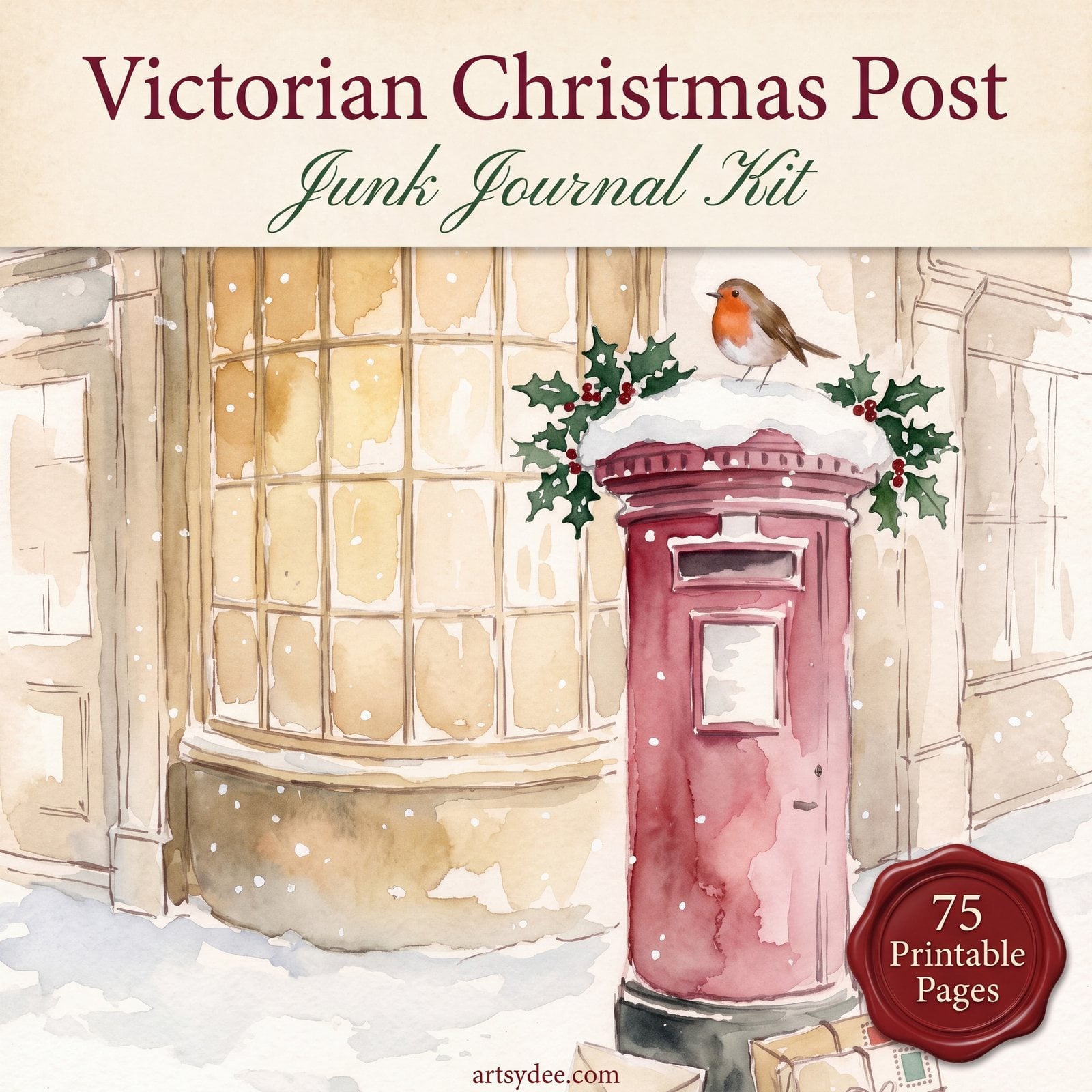 Victorian Christmas Post junk journal kit cover: a red Victorian post box in the snow with a robin and holly