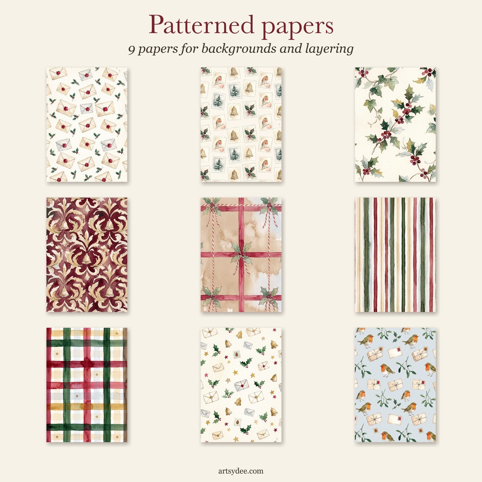 Victorian Christmas patterned papers: sealed letters, holly, damask, ribbon and plaid
